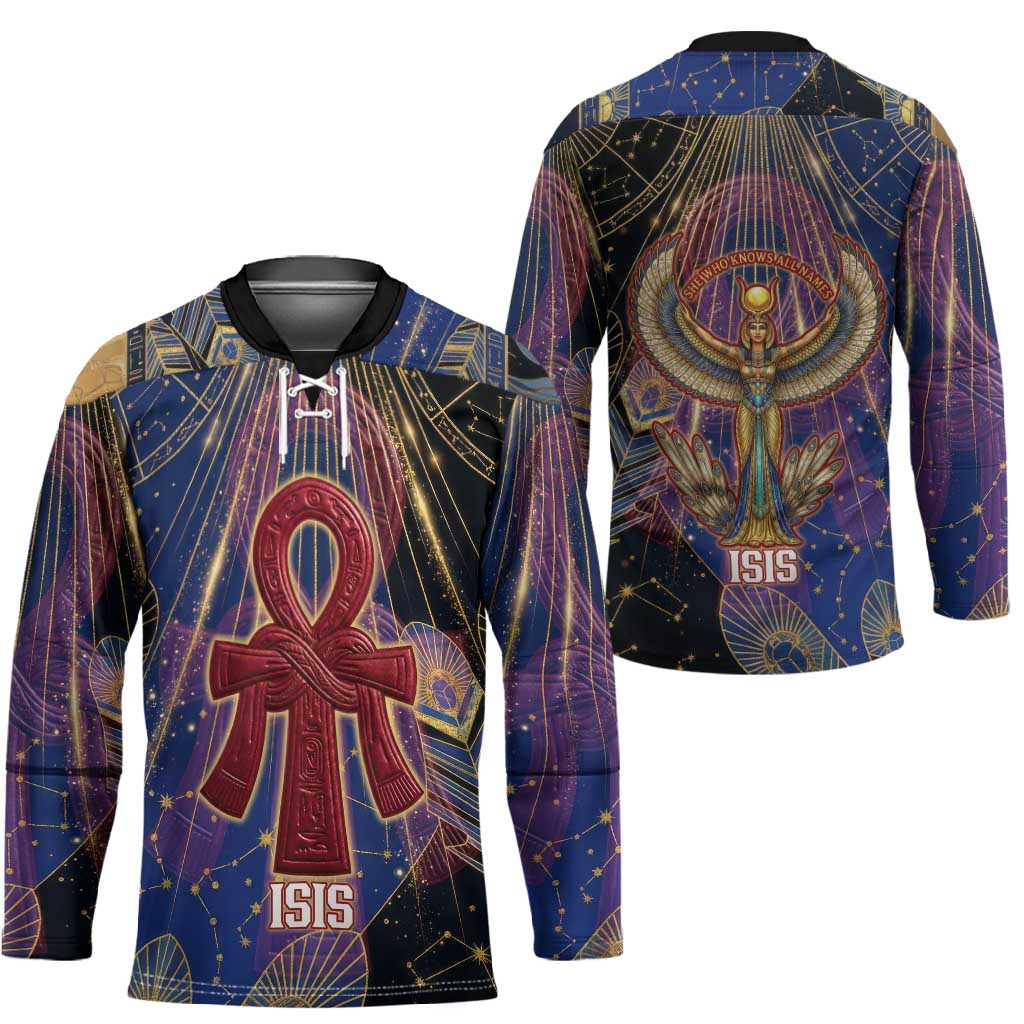 Isis Ankh Symbol Hockey Jersey with Celestial Wings in Ancient Egyptian Cosmic