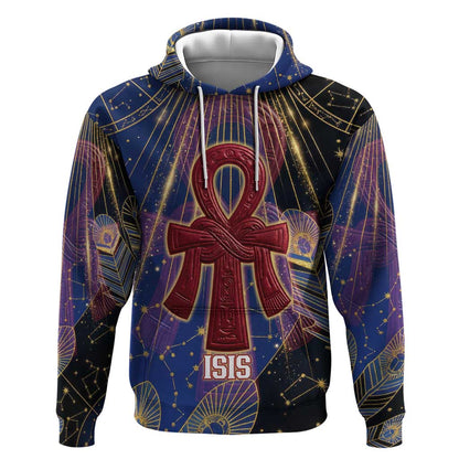 Isis Ankh Symbol Hoodie with Celestial Wings in Ancient Egyptian Cosmic