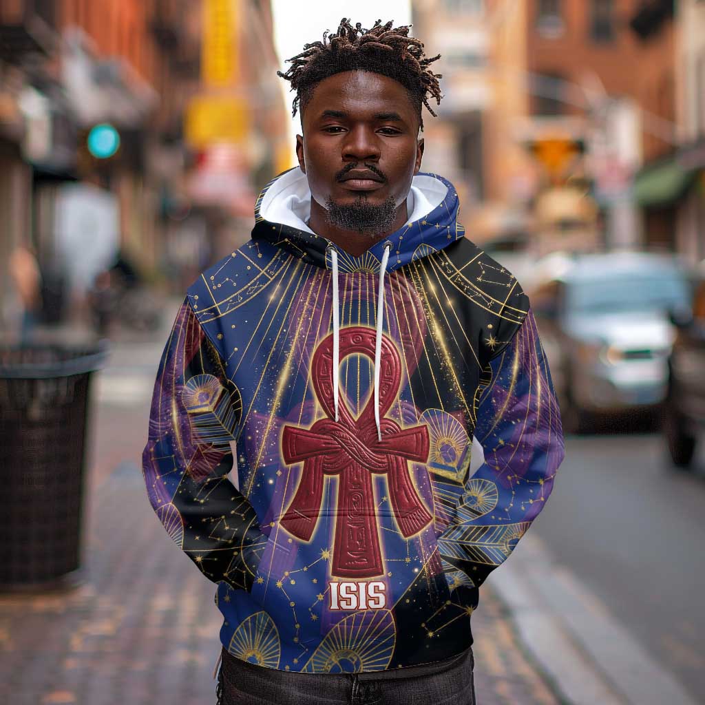 Isis Ankh Symbol Hoodie with Celestial Wings in Ancient Egyptian Cosmic