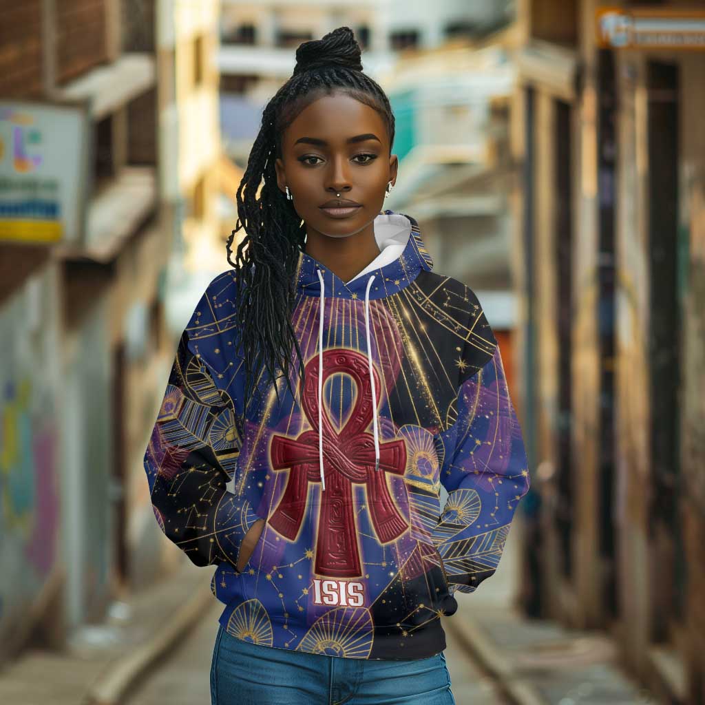 Isis Ankh Symbol Hoodie with Celestial Wings in Ancient Egyptian Cosmic