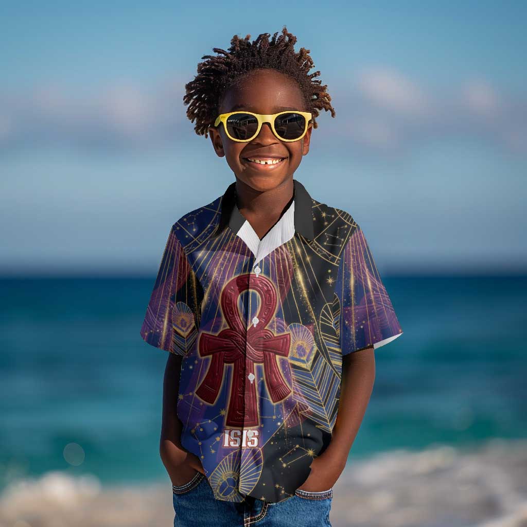 Isis Ankh Symbol Kid Hawaiian Shirt with Celestial Wings in Ancient Egyptian Cosmic