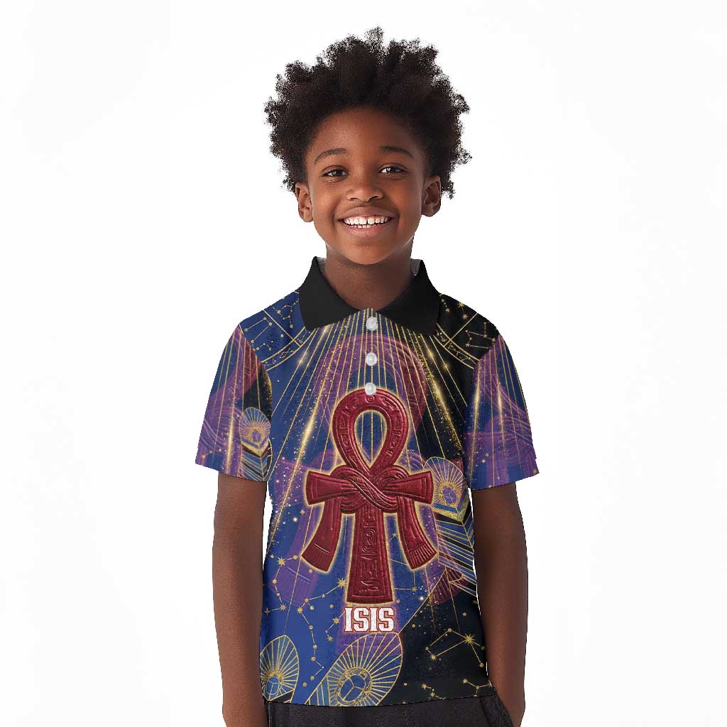 Isis Ankh Symbol Kid Polo Shirt with Celestial Wings in Ancient Egyptian Cosmic