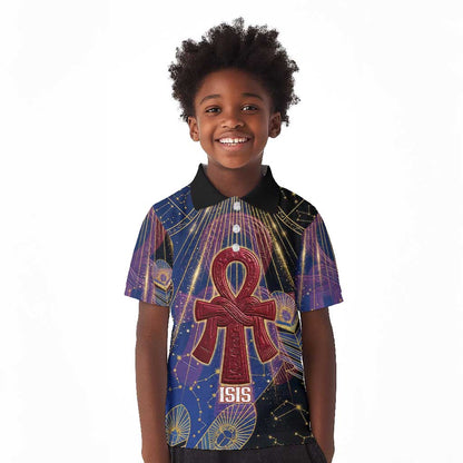 Isis Ankh Symbol Kid Polo Shirt with Celestial Wings in Ancient Egyptian Cosmic