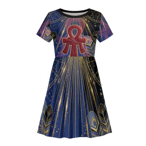 Isis Ankh Symbol Kid Short Sleeve Dress with Celestial Wings in Ancient Egyptian Cosmic