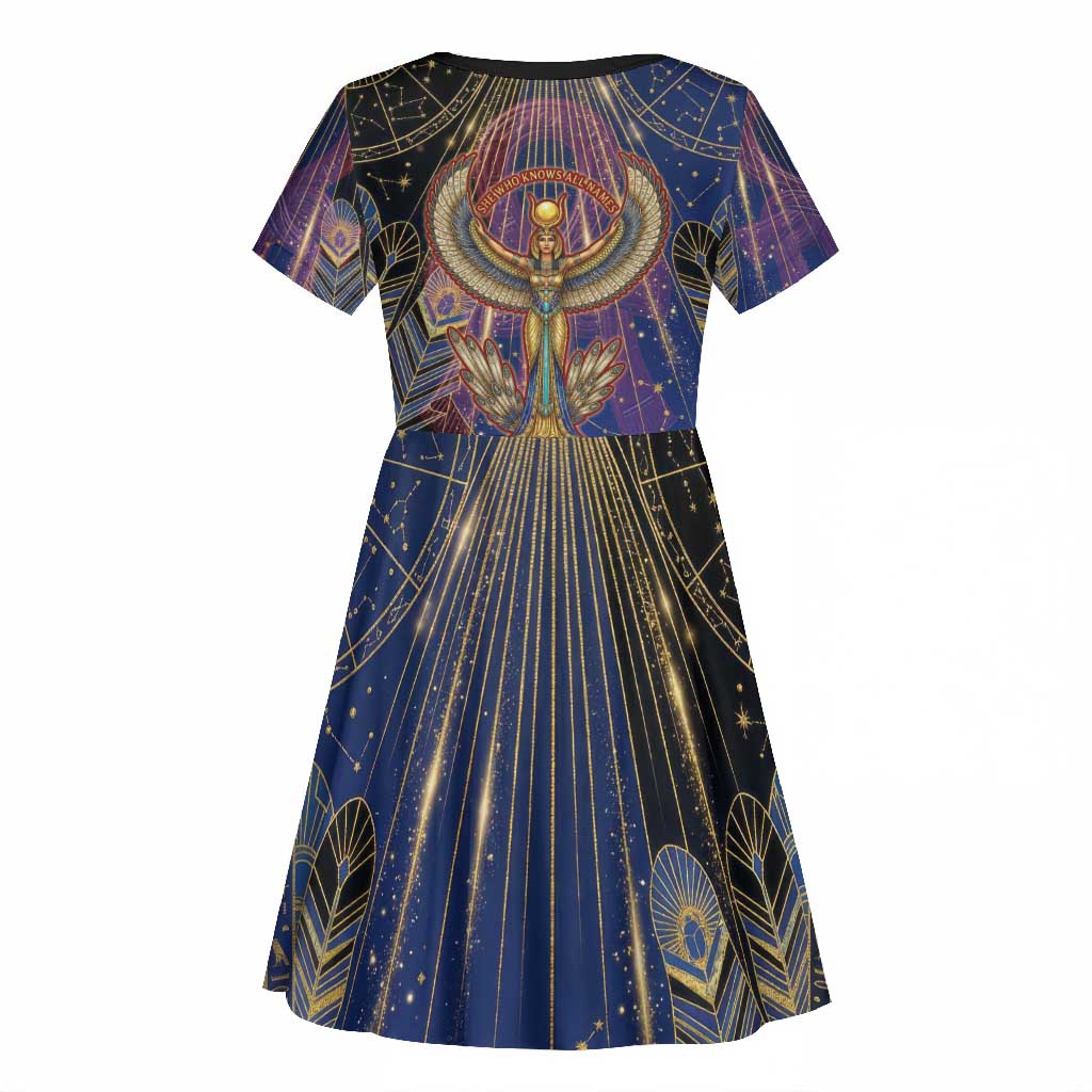 Isis Ankh Symbol Kid Short Sleeve Dress with Celestial Wings in Ancient Egyptian Cosmic