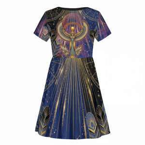 Isis Ankh Symbol Kid Short Sleeve Dress with Celestial Wings in Ancient Egyptian Cosmic
