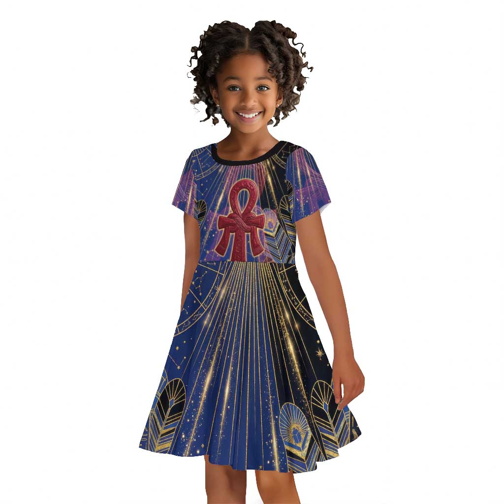 Isis Ankh Symbol Kid Short Sleeve Dress with Celestial Wings in Ancient Egyptian Cosmic