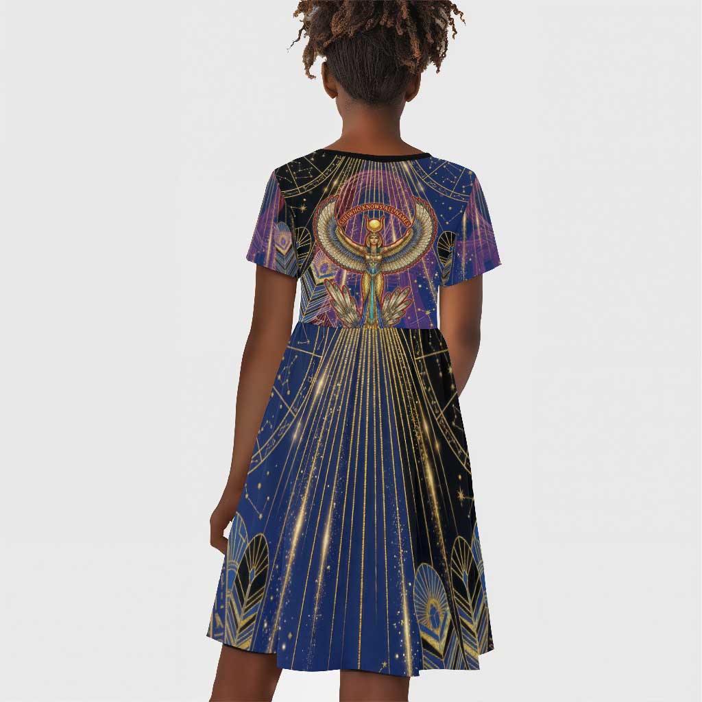 Isis Ankh Symbol Kid Short Sleeve Dress with Celestial Wings in Ancient Egyptian Cosmic