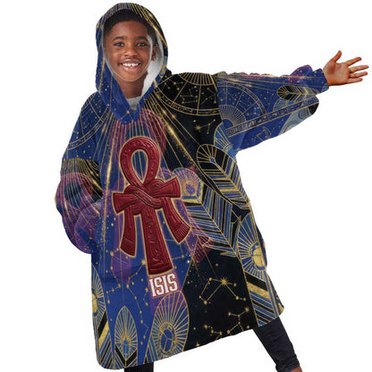 Isis Ankh Symbol Kid Wearable Blanket Hoodie with Celestial Wings in Ancient Egyptian Cosmic