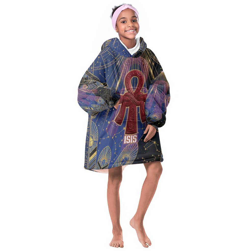 Isis Ankh Symbol Kid Wearable Blanket Hoodie with Celestial Wings in Ancient Egyptian Cosmic