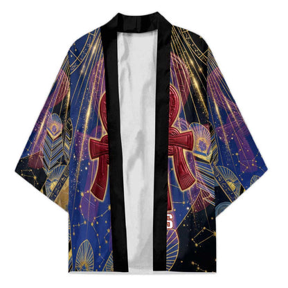 Isis Ankh Symbol Kimono with Celestial Wings in Ancient Egyptian Cosmic