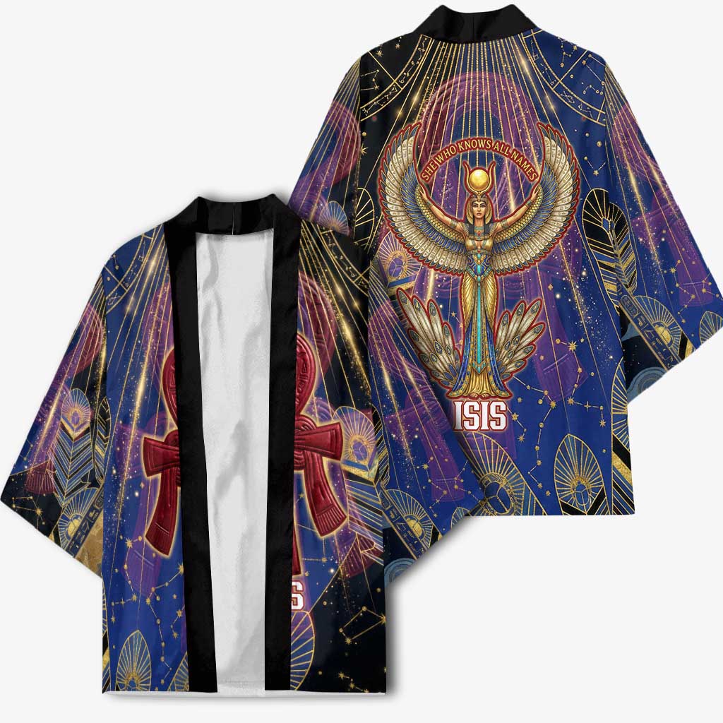 Isis Ankh Symbol Kimono with Celestial Wings in Ancient Egyptian Cosmic
