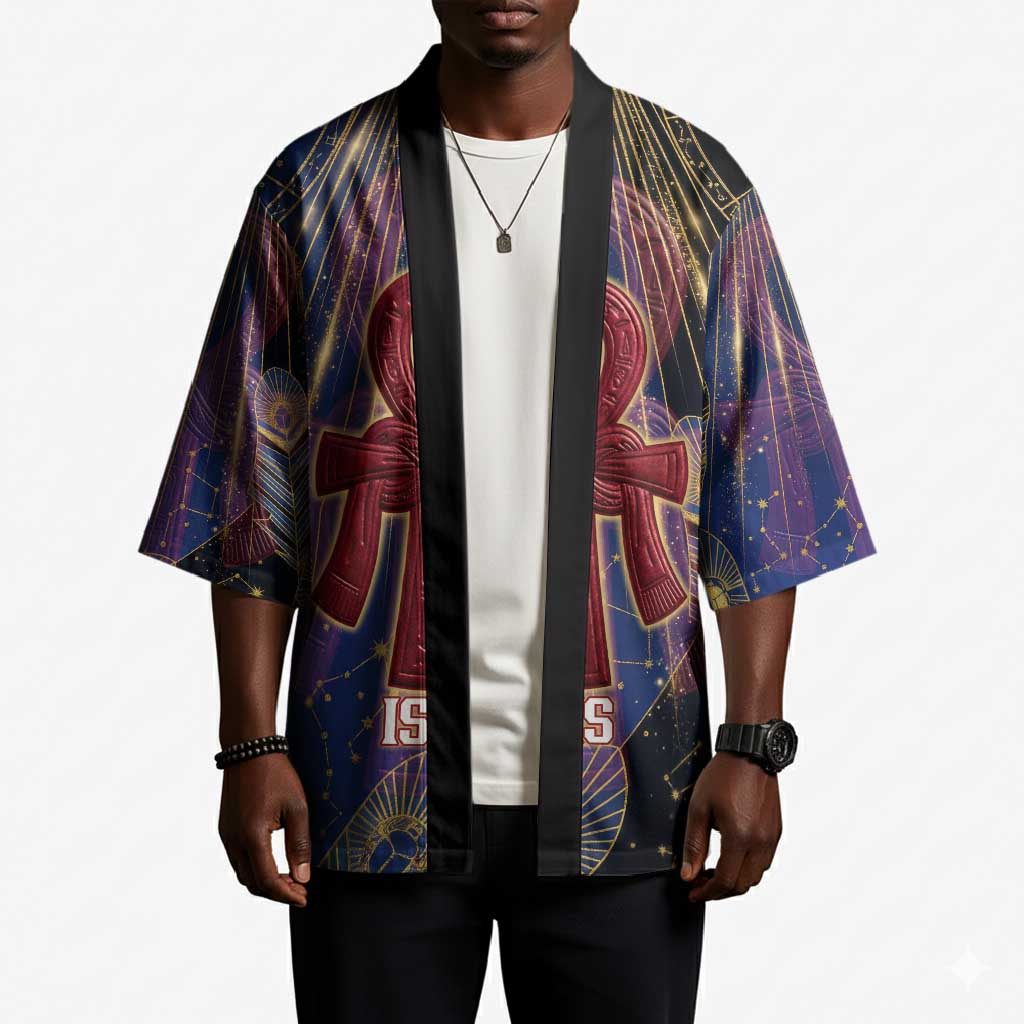 Isis Ankh Symbol Kimono with Celestial Wings in Ancient Egyptian Cosmic