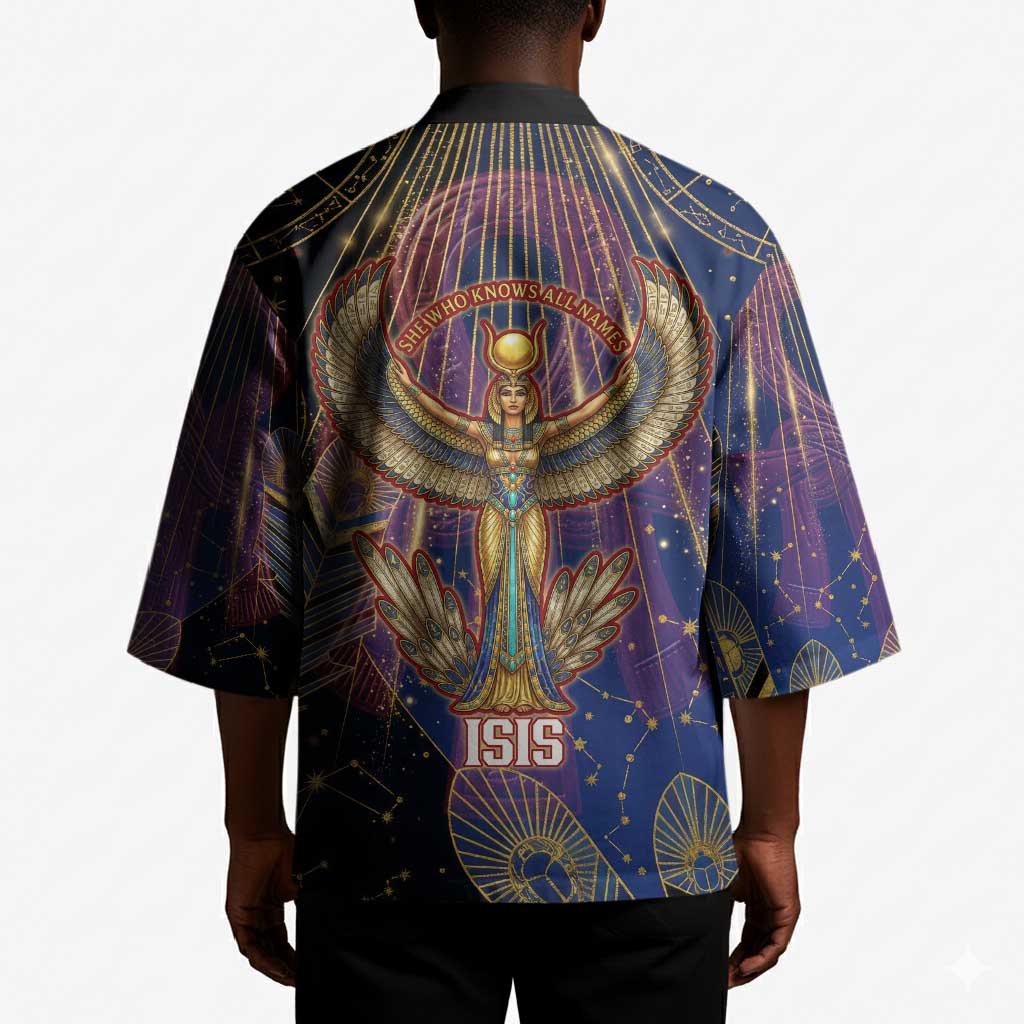 Isis Ankh Symbol Kimono with Celestial Wings in Ancient Egyptian Cosmic