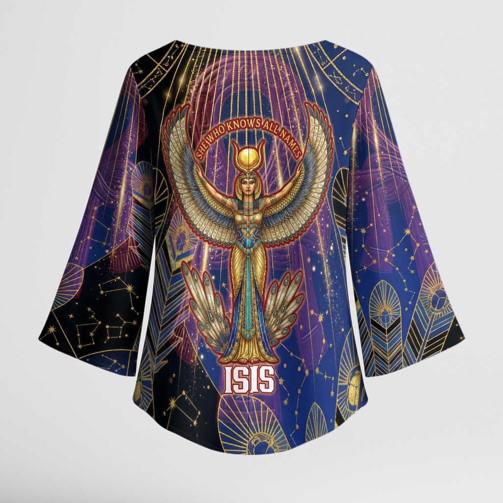 Isis Ankh Symbol Kimono Sleeve Blouse with Celestial Wings in Ancient Egyptian Cosmic