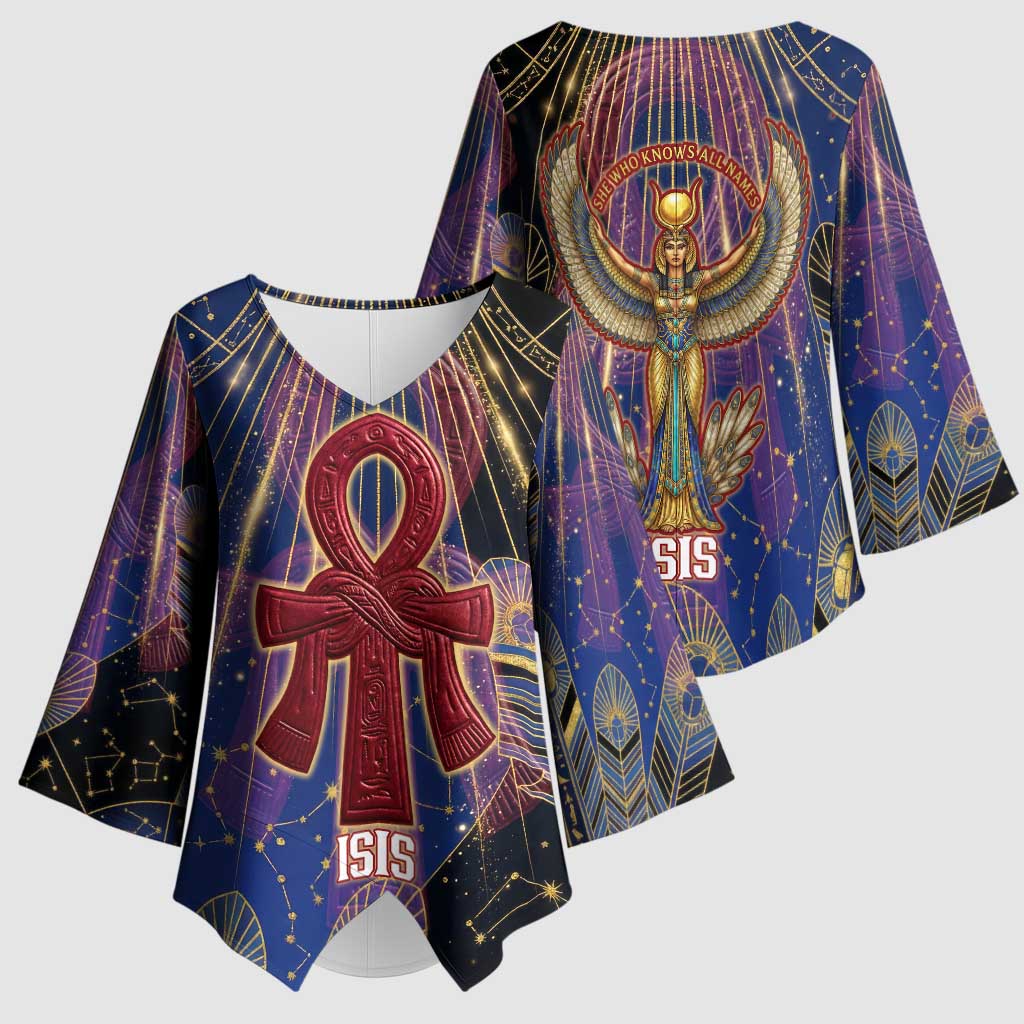 Isis Ankh Symbol Kimono Sleeve Blouse with Celestial Wings in Ancient Egyptian Cosmic