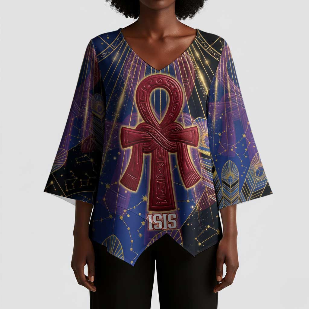 Isis Ankh Symbol Kimono Sleeve Blouse with Celestial Wings in Ancient Egyptian Cosmic