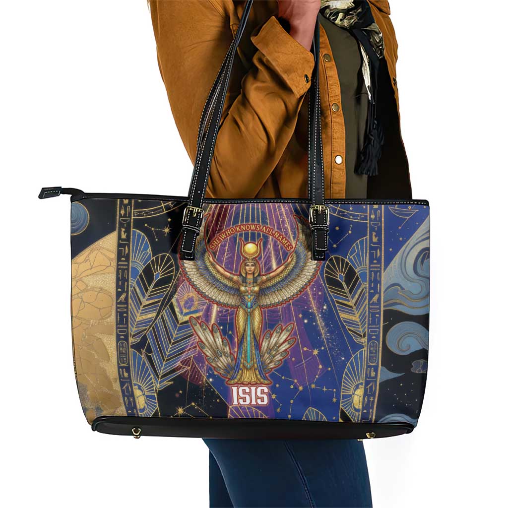 Isis Ankh Symbol Leather Tote Bag with Celestial Wings in Ancient Egyptian Cosmic