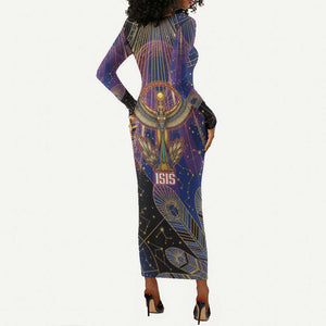 Isis Ankh Symbol Long Sleeve Bodycon Dress with Celestial Wings in Ancient Egyptian Cosmic
