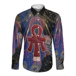 Isis Ankh Symbol Long Sleeve Button Shirt with Celestial Wings in Ancient Egyptian Cosmic