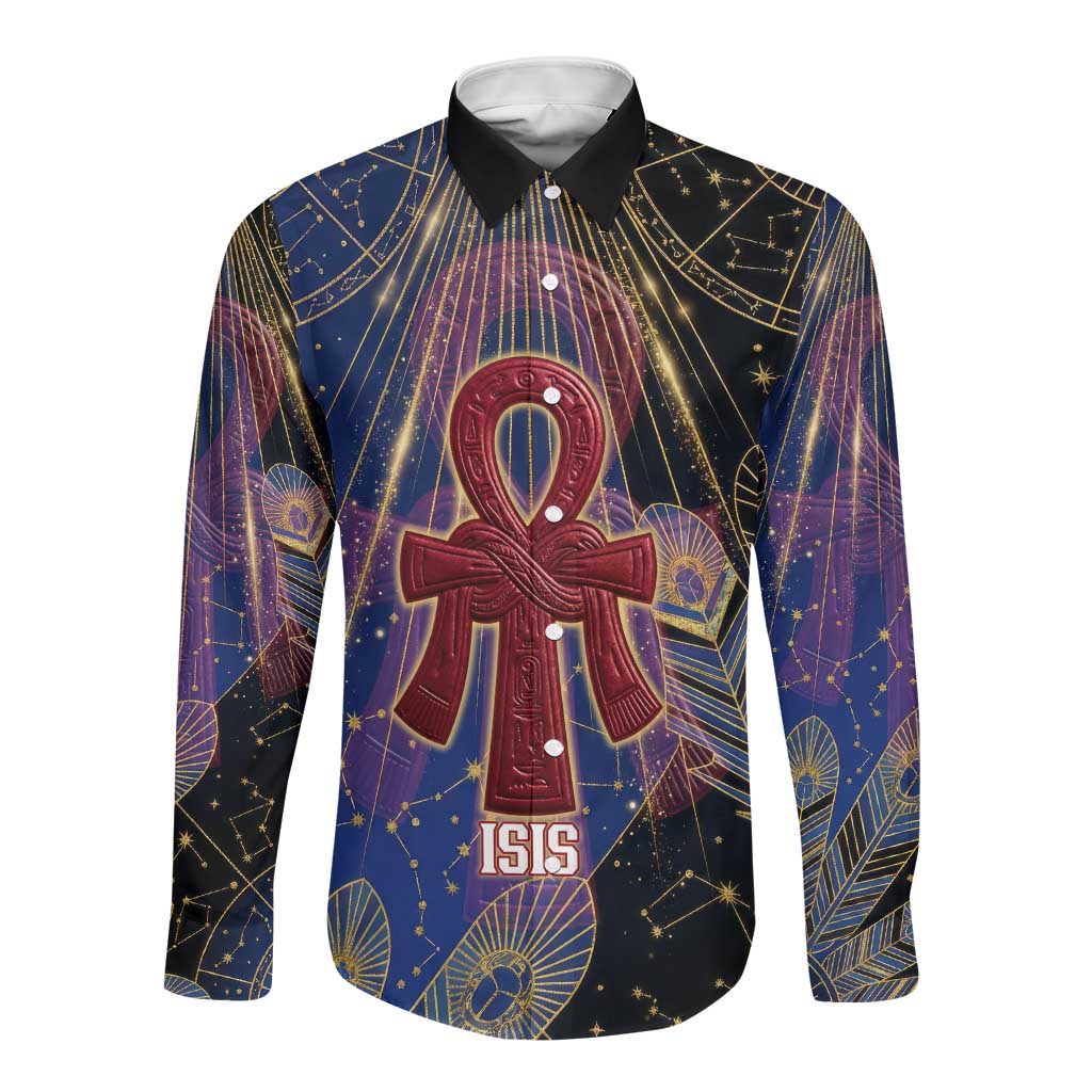Isis Ankh Symbol Long Sleeve Button Shirt with Celestial Wings in Ancient Egyptian Cosmic