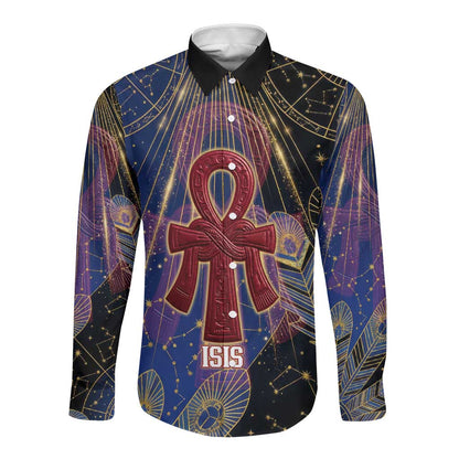 Isis Ankh Symbol Long Sleeve Button Shirt with Celestial Wings in Ancient Egyptian Cosmic