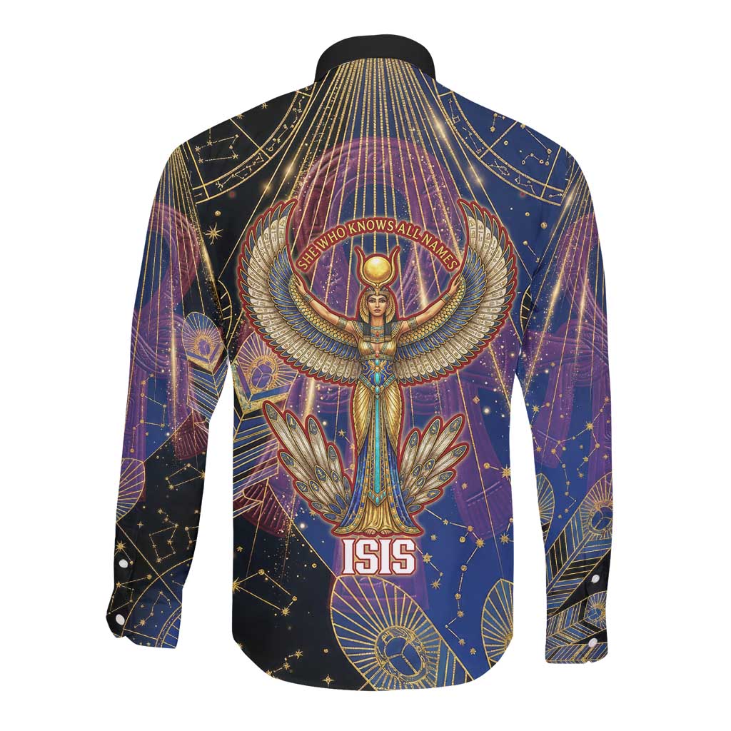 Isis Ankh Symbol Long Sleeve Button Shirt with Celestial Wings in Ancient Egyptian Cosmic