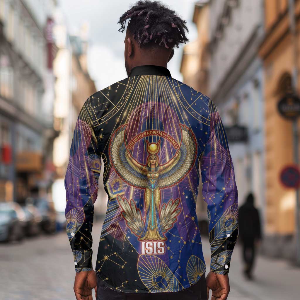 Isis Ankh Symbol Long Sleeve Button Shirt with Celestial Wings in Ancient Egyptian Cosmic