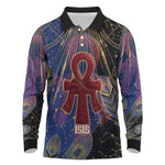 Isis Ankh Symbol Long Sleeve Polo Shirt with Celestial Wings in Ancient Egyptian Cosmic