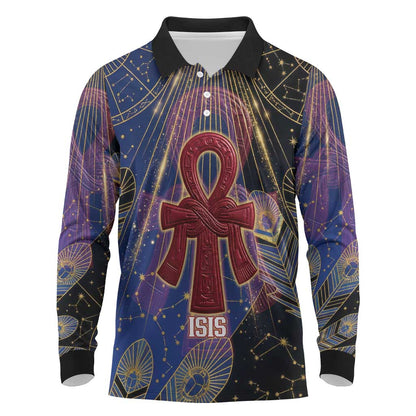 Isis Ankh Symbol Long Sleeve Polo Shirt with Celestial Wings in Ancient Egyptian Cosmic