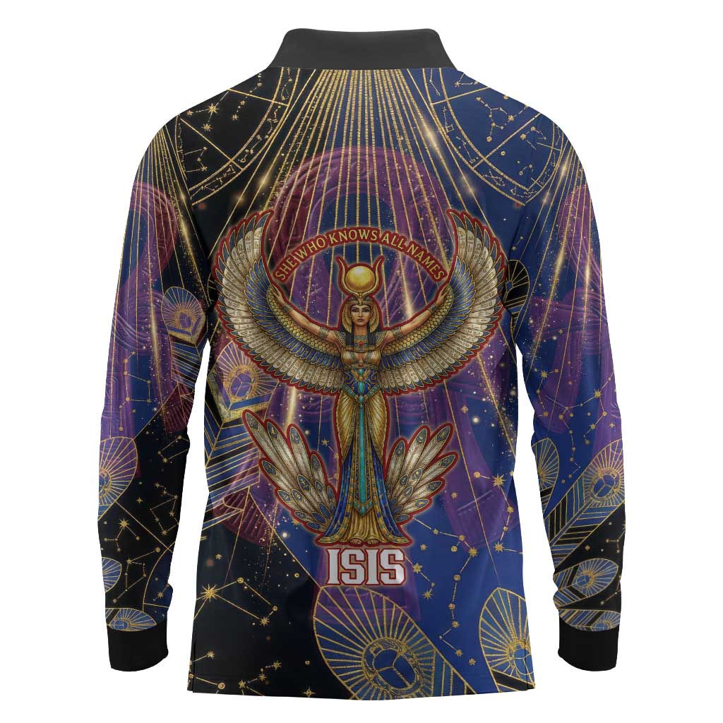 Isis Ankh Symbol Long Sleeve Polo Shirt with Celestial Wings in Ancient Egyptian Cosmic