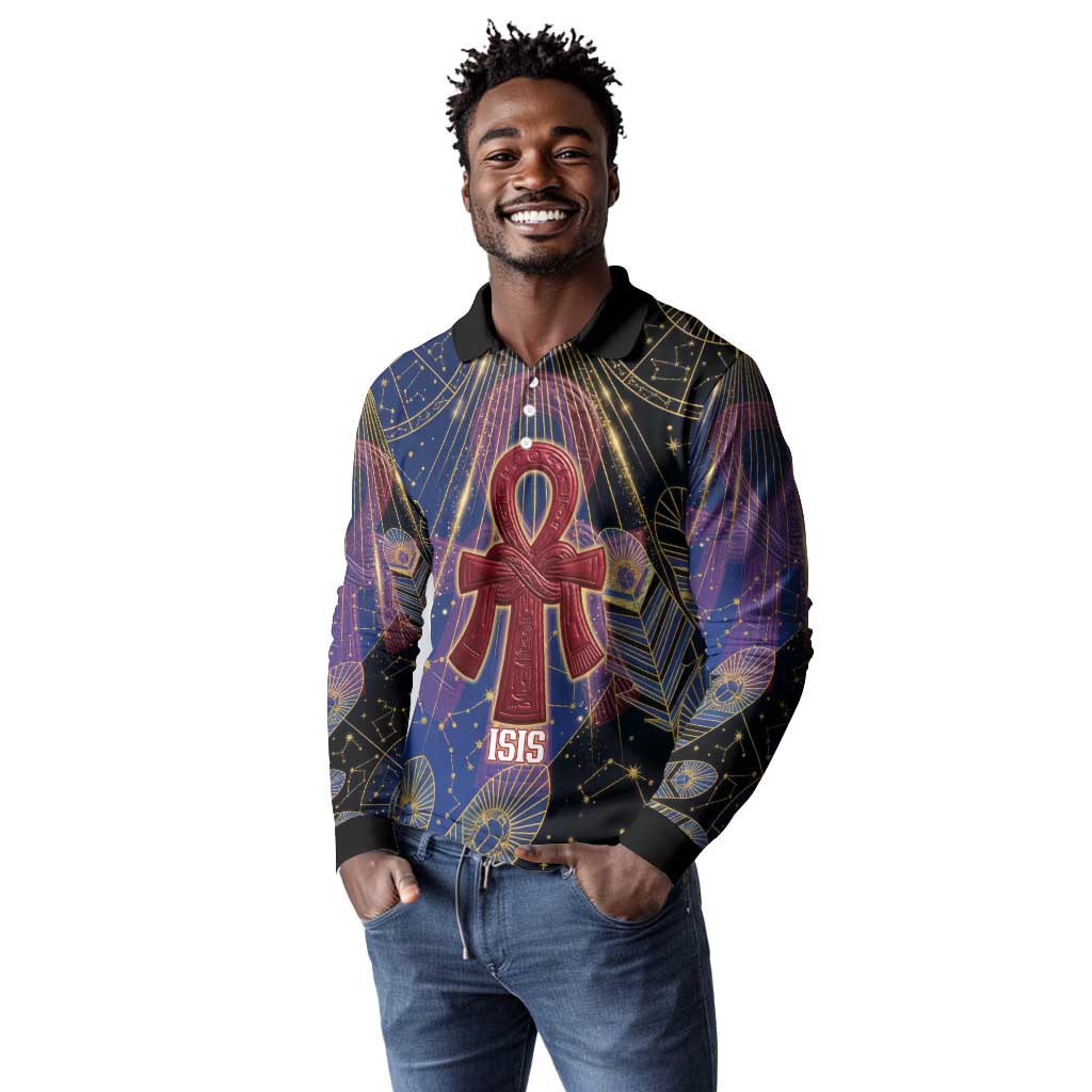 Isis Ankh Symbol Long Sleeve Polo Shirt with Celestial Wings in Ancient Egyptian Cosmic