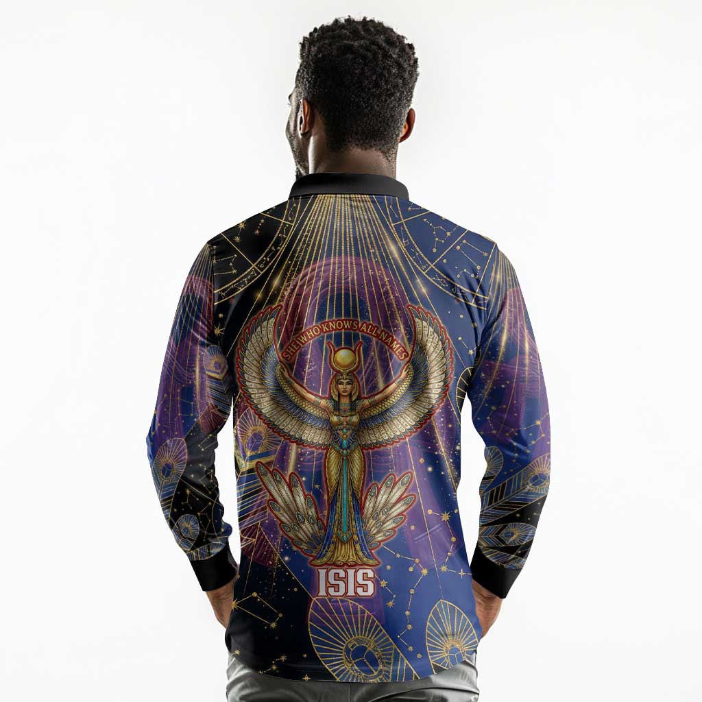 Isis Ankh Symbol Long Sleeve Polo Shirt with Celestial Wings in Ancient Egyptian Cosmic