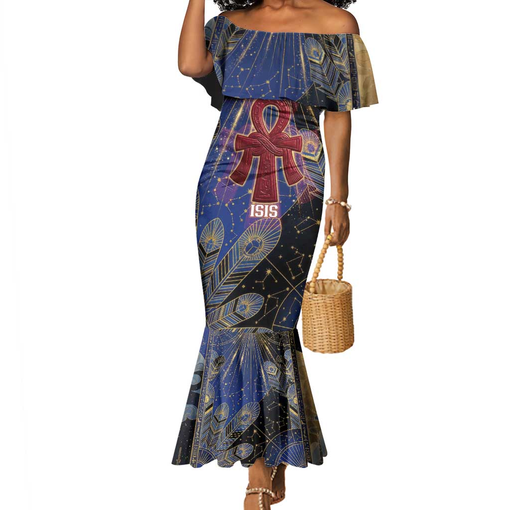 Isis Ankh Symbol Mermaid Dress with Celestial Wings in Ancient Egyptian Cosmic