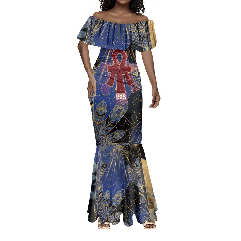 Isis Ankh Symbol Mermaid Dress with Celestial Wings in Ancient Egyptian Cosmic