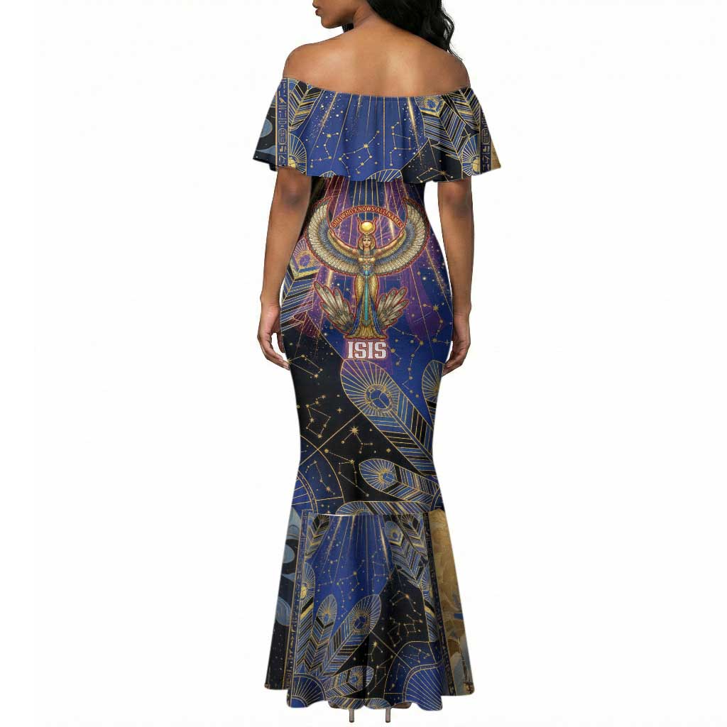 Isis Ankh Symbol Mermaid Dress with Celestial Wings in Ancient Egyptian Cosmic