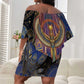 Isis Ankh Symbol Off Shoulder Short Dress with Celestial Wings in Ancient Egyptian Cosmic