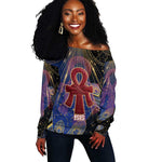 Isis Ankh Symbol Off Shoulder Sweater with Celestial Wings in Ancient Egyptian Cosmic