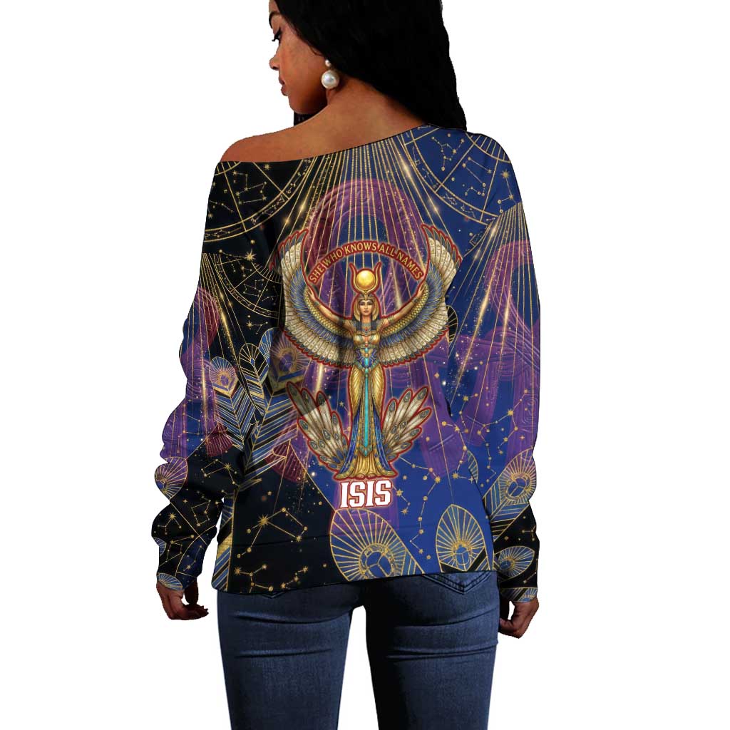 Isis Ankh Symbol Off Shoulder Sweater with Celestial Wings in Ancient Egyptian Cosmic