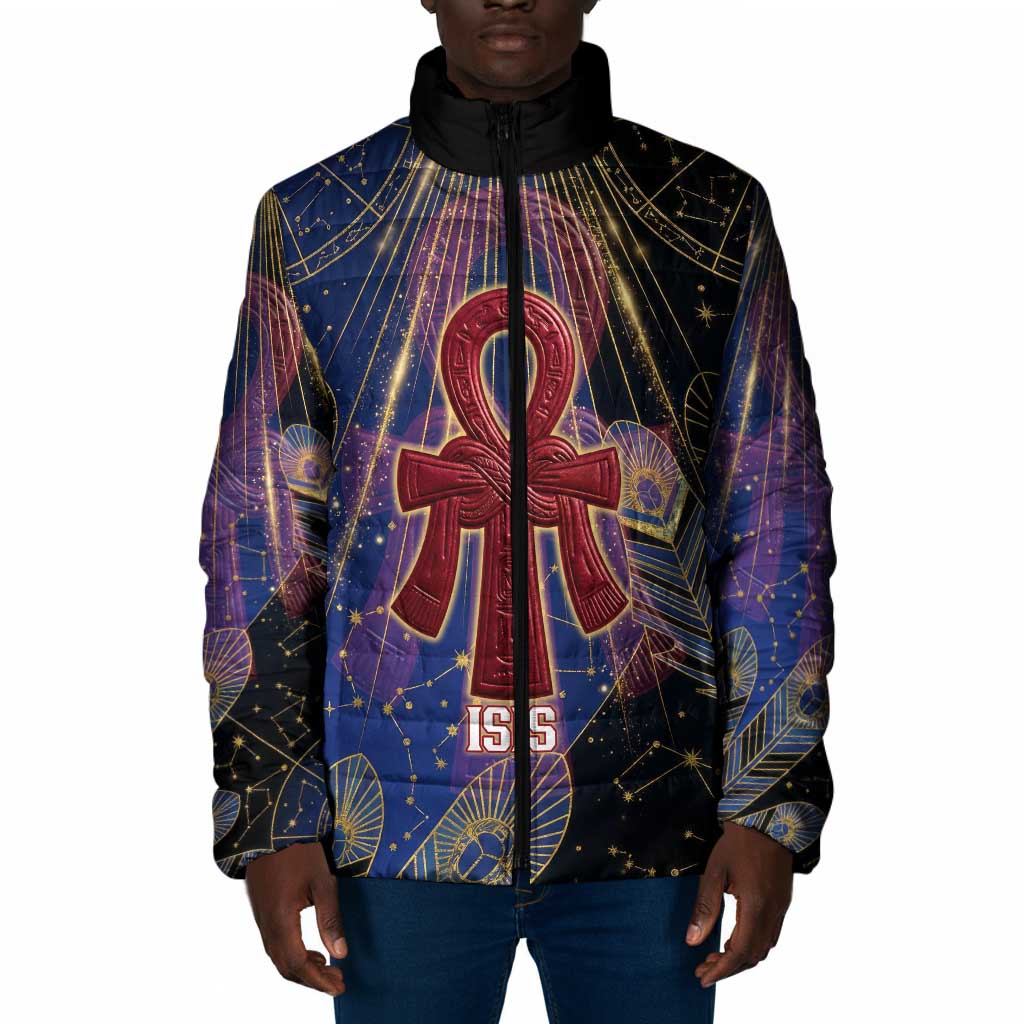 Isis Ankh Symbol Padded Jacket with Celestial Wings in Ancient Egyptian Cosmic