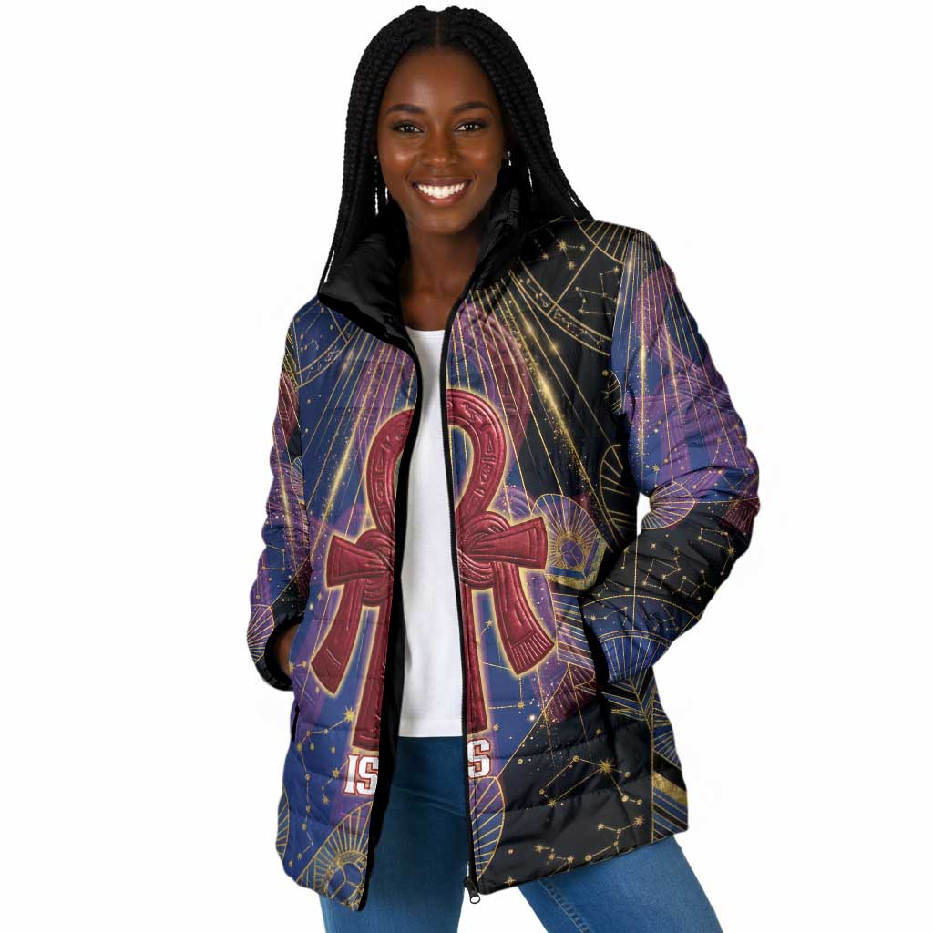 Isis Ankh Symbol Padded Jacket with Celestial Wings in Ancient Egyptian Cosmic