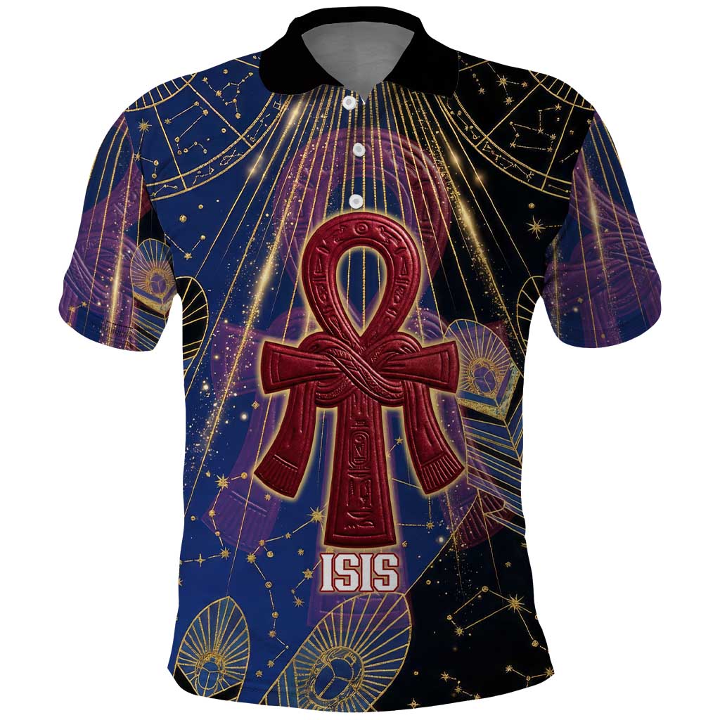 Isis Ankh Symbol Polo Shirt with Celestial Wings in Ancient Egyptian Cosmic