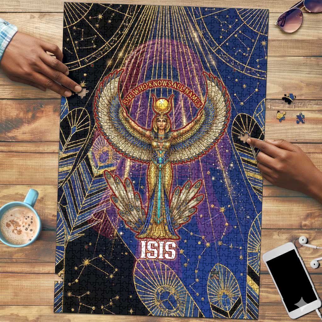 Isis Ankh Symbol Puzzle with Celestial Wings in Ancient Egyptian Cosmic