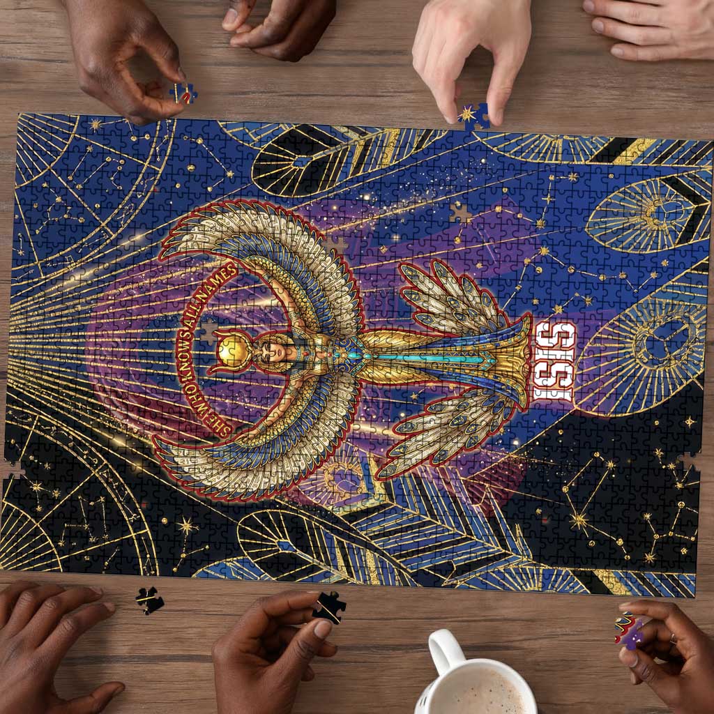 Isis Ankh Symbol Puzzle with Celestial Wings in Ancient Egyptian Cosmic