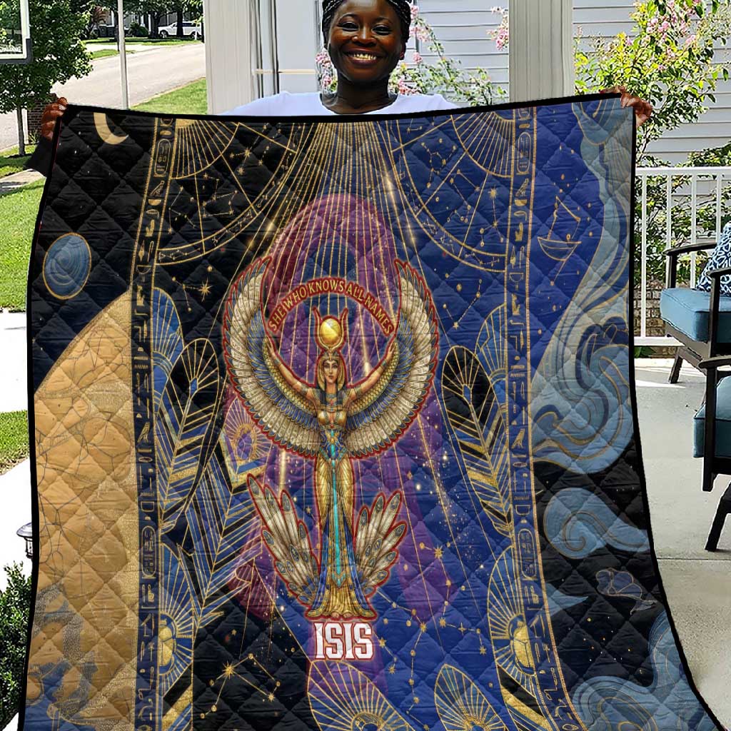 Isis Ankh Symbol Quilt with Celestial Wings in Ancient Egyptian Cosmic