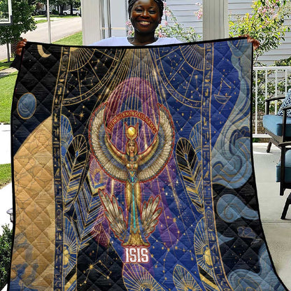 Isis Ankh Symbol Quilt with Celestial Wings in Ancient Egyptian Cosmic