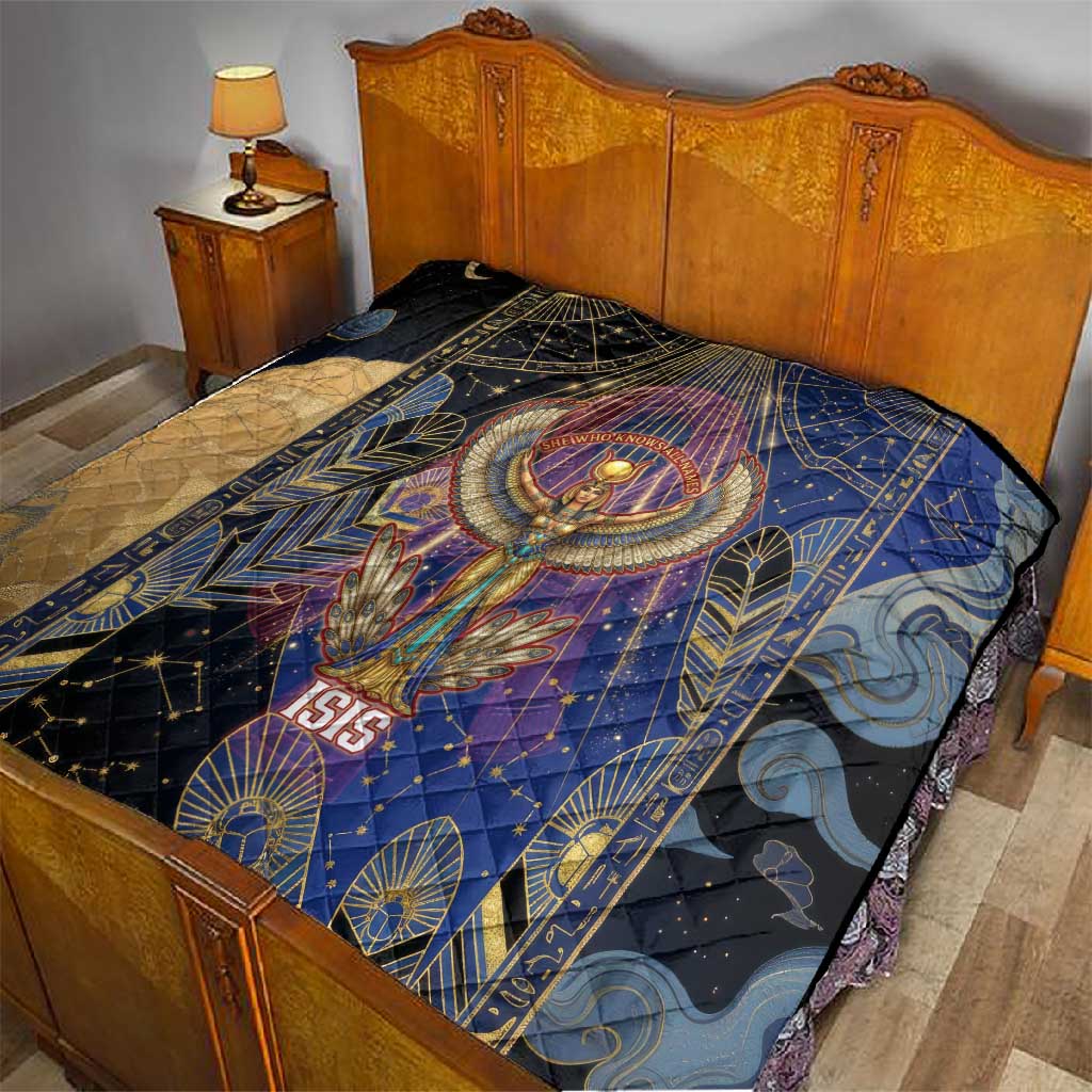 Isis Ankh Symbol Quilt with Celestial Wings in Ancient Egyptian Cosmic