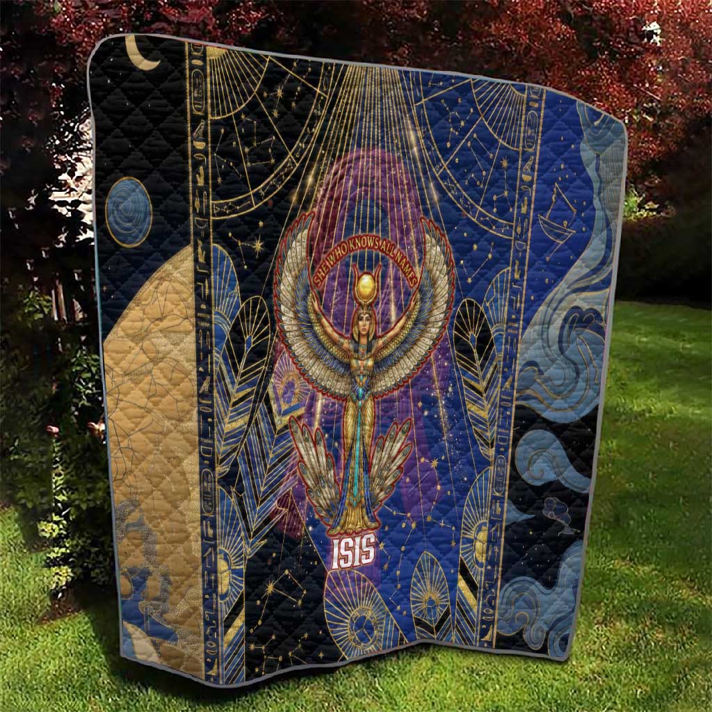 Isis Ankh Symbol Quilt with Celestial Wings in Ancient Egyptian Cosmic