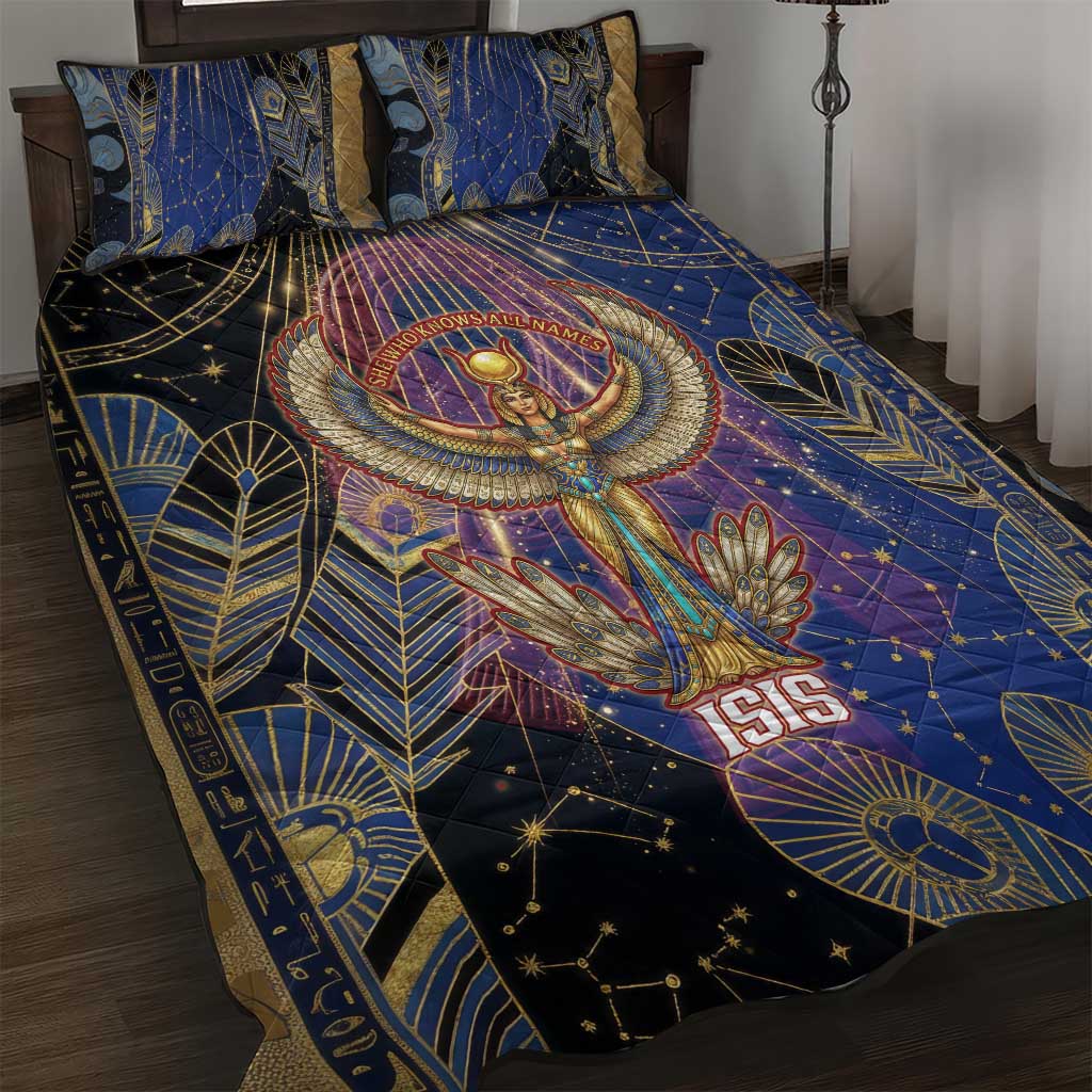 Isis Ankh Symbol Quilt Bed Set with Celestial Wings in Ancient Egyptian Cosmic