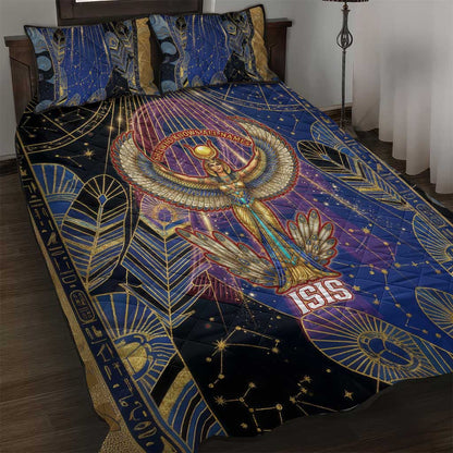 Isis Ankh Symbol Quilt Bed Set with Celestial Wings in Ancient Egyptian Cosmic